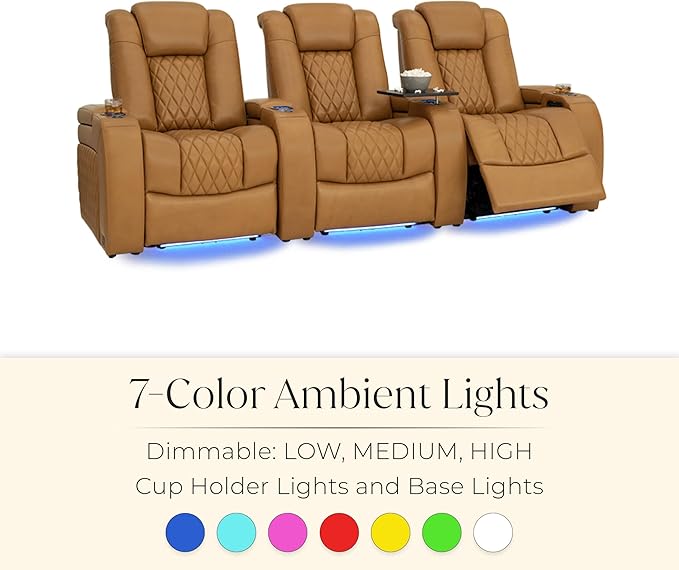 Seatcraft Diamante Zero-Gravity CoolZero Italian Leather Home Theater Seating, Power Headrest, Power Recline, Row of 5 Right Loveseat, Tan Oak