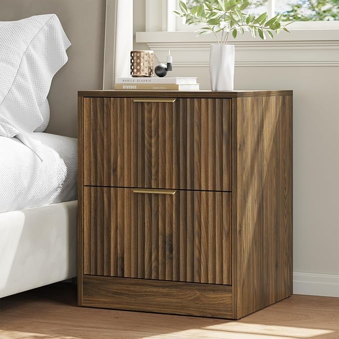 9 Drawer Dresser & Nightstand Set 3-Piece, 63” Wide Walnut Bedroom Dresser and Night Stand Set of 2, Fluted Modern Wood Chest of Drawers Storage Dressers Set for Bedroom, Walnut