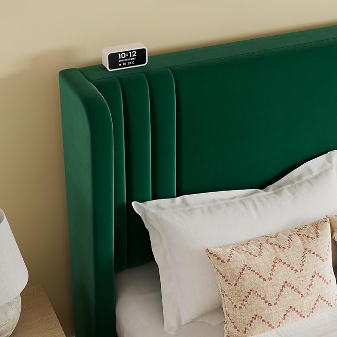SHA CERLIN King Size Velvet Upholstered Platform Bed Frame with Vertical Channel Tufted Wingback Headboard, Wooden Slats Support, Easy Assembly, Under Bed Storage, No Box Spring Required, Green