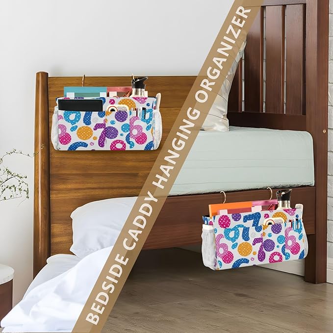Bedside Caddy Hanging Bunk Bed Caddy Bed Organizer Hanging Pocket with 2 Hooks Bedside Storage Organizer Pocket Bag Holder Six Seven Flowers Colorful Polka Dots
