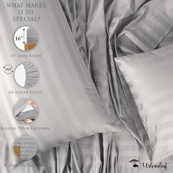 URBANHUT 800 Thread Count 100% Cotton Damask California King Size Sheets Set, 4 Piece Striped Cal King Size Bedsheets, Luxury Hotel Sheets Sateen Weave, 16" Elasticized Deep Pocket- Silver Grey