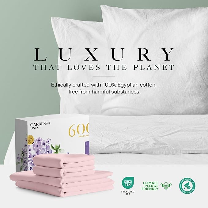 Carressa Linen California King Egyptian Cotton Sheet Sets - 600 Thread Count Cal King Cotton Sheet Set (4 PC, Soft Blush), Extra Soft, Cooling, 16" Deep Pocket Sateen Weave Luxury Hotel Bed Sheets Set