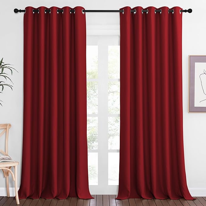 NICETOWN Blackout Curtain Drape for Bedroom - Light Reducing Thermal Insulated Solid Grommet Room Darkening Window Curtain 90 inches Long for Living Room (Burgundy Red, 1 Piece, W66 x L90)