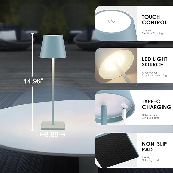 4 Packs Rechargeable LED Table Lamp,6000mAh Outdoor Cordless Desk Lamp Waterproof Portable, Stepless Dimmable Lamps for Restaurant/Bedroom/Outdoor (Blue)