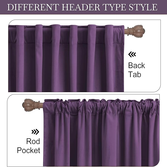 RYB HOME Purple Velvet Curtains 96 inches Length, Back Tab & Rod Pocket Soft Fabric Blackout Thermal Insulated Curtains & Drapes for Bedroom Dining Room, Purple, W 52 x L 96, 2 Panels Set
