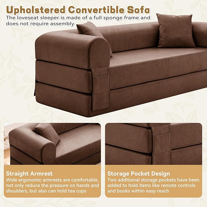 Convertible Sleeper Sofa Bed,78.5 Inch Faux Leather Futon Couch with Pillows & Storage Pocket,5-in-1 Folding Sofa Bed Queen with Pull Out Beds,Boneless Couches for Living Room,Couch in a Box,Brown