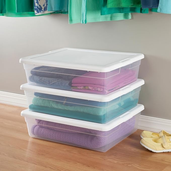Sterilite 20-Pack Storage Box, Stackable Clear Plastic Bins with Snap-On Lids, 28 Quart