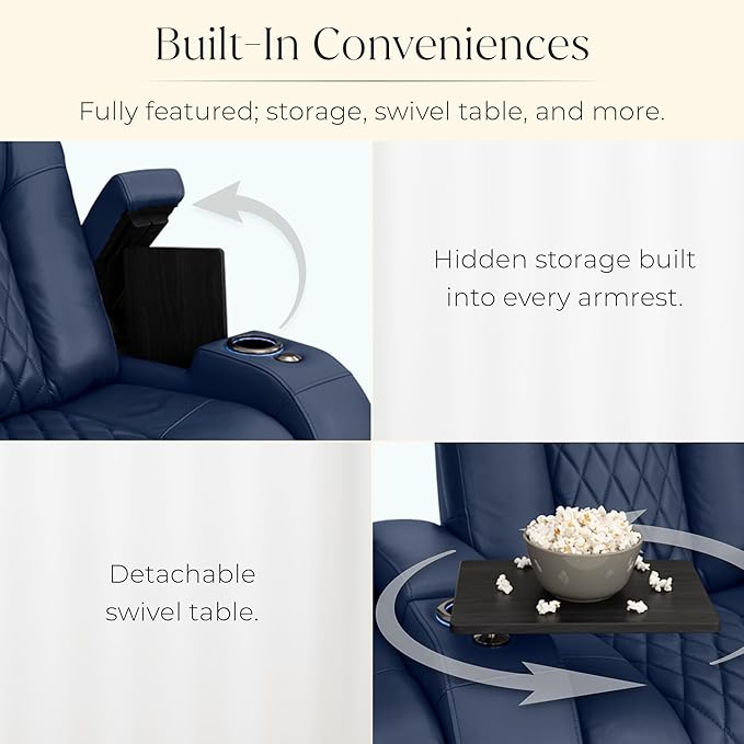 Seatcraft Diamante Zero-Gravity CoolZero Italian Leather Home Theater Seating, Power Headrest, Power Recline, Row of 4 Dual Loveseats, Navy Blue