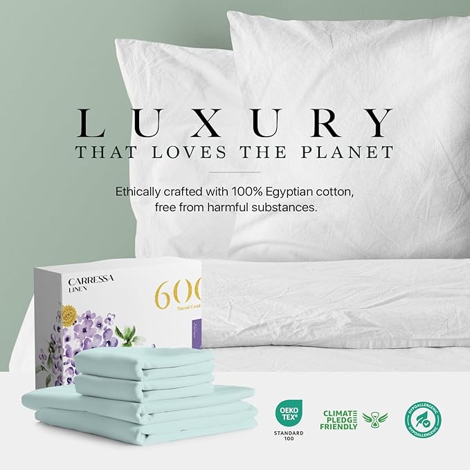 Carressa Linen 100% Egyptian Cotton King Size Sheets Set - 600 Thread Count Egyptian Cotton Queen Sheets King Size (4 PC, Seafoam Green), Soft, Cooling, 16" Deep Pocket Sateen Weave Luxury Bed Sheet