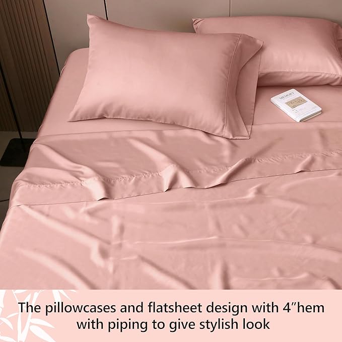 California King Sheets, Rayon Derived from Bamboo, Cooling Bed Sheets Set,Deep Pocket Up to 16", 4 Pieces Silky Soft, Breathable Bedding Sheets & Pillowcases(Pink,California King)