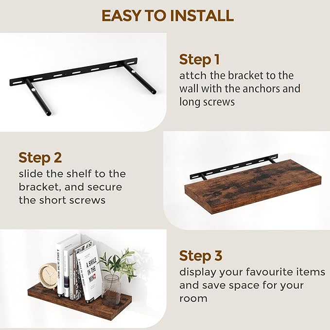 40 Inch Floating Shelves for Wall, 9.3 Inch Deep Shelves for Books & Decor, Wall-Mounted Floating Shelf 40 Inch Long Set of 2, Rustic Wooden Shelf for Living Room, Bedroom, Kitchen, Rustic Brown