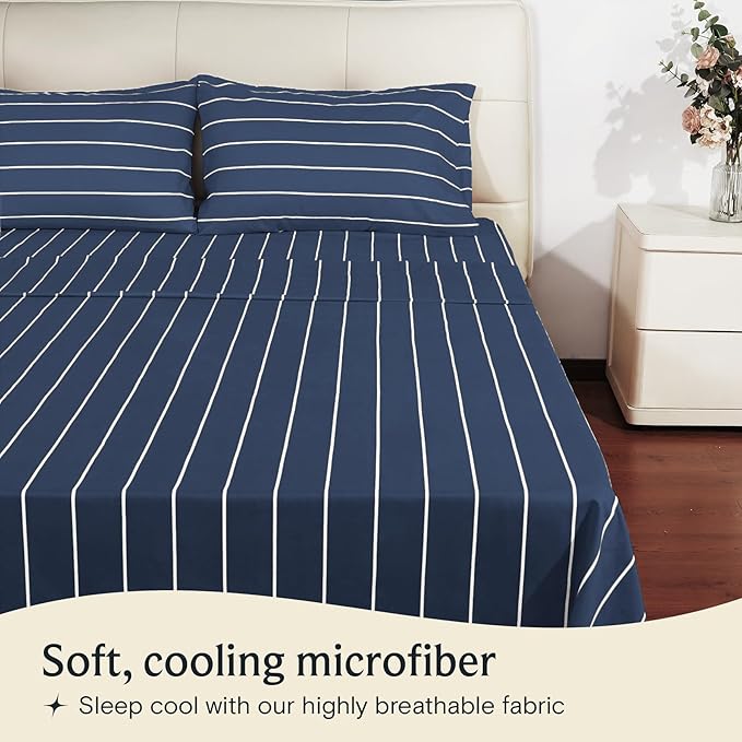 LuxClub 4 PC California King Sheet Set, Deep Pockets Wrinkle Free Cooling Bed Sheets Hotel Bedding for Women, Men, Includes 1 Fitted Sheet, 1 Flat Sheet and 2 Pillowcases-Striped - Navy