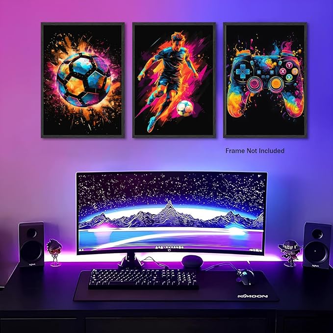 Canvas Wall Art Poster Decor, Paintings Art Game Controller Color Splash Ink Canvas Painting, Posters for Room Aesthetic, Soccer Wall Art for Boys Room Decor 16x24 - Unframed Set of 3