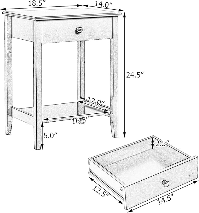 Giantex Nightstand Wooden 2-Tier Couch Sofa Side Table with Drawer, Storage Shelf, Solid Wood Legs,Mufti-Functional Home Furniture for Living Room Bedroom Study Room End Table (1, White)