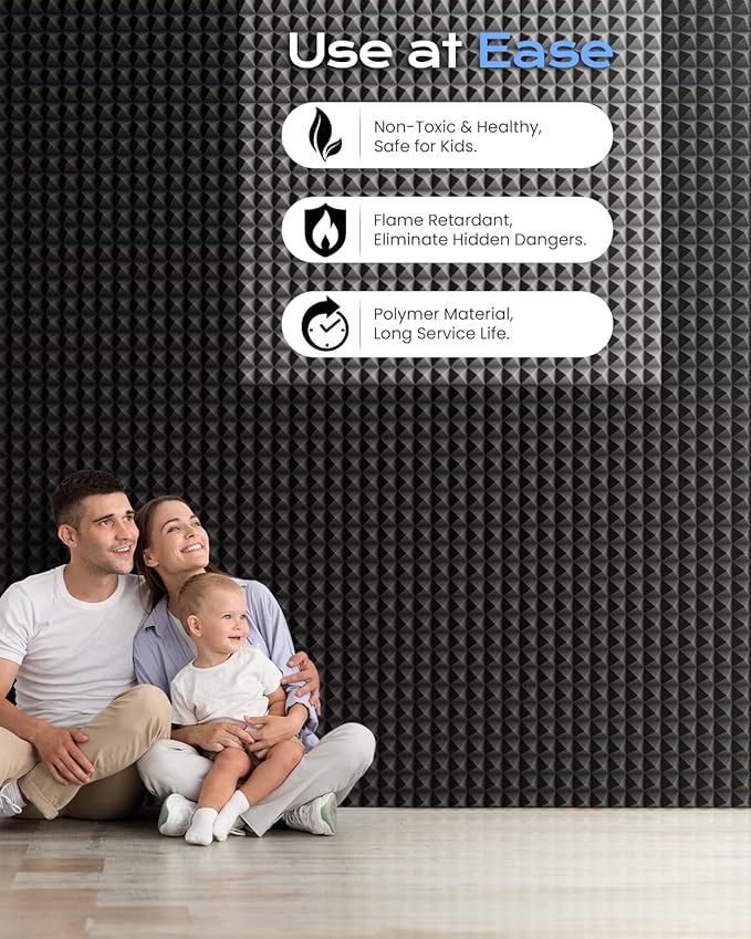 Sonicism Acoustic Panels Self-Adhesive Pyramid 48 Pack|12" X 12" X 2" Sound Proof Foam Panels for Walls 35kg/m³High Density Fast Expand Soundproof Wall Panels,Sound Absorption and Decoration,Black