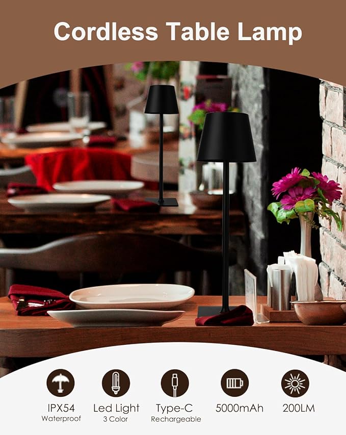 Cordless Table Lamp, Rechargeable Table Lamp with Touch Dimmable Control, Portable LED Desk Lamp for Indoor Patio (Black-Rectangle, 2)