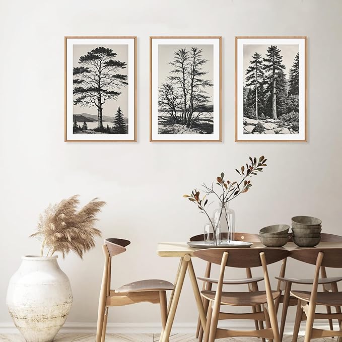 LHIUEM Large Vintage Sketch Tree Framed Wall Art Set,Antique Black and White Wall Decor,Nature Botanical Lake Artwork,Modern Wilderness Forest Art Prints for Living Room,Bedroom- 24"x36"x3