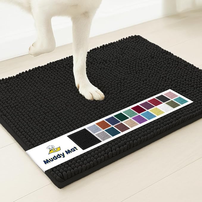 Muddy Mat® Shown on TV – Super Absorbent Microfiber Dog Door Mat for Muddy Paws, Non-Slip Washable Pet Rug, Quick Dry Chenille Entryway Carpet, Machine Washable Indoor Outdoor mat, Black 30"x19"
