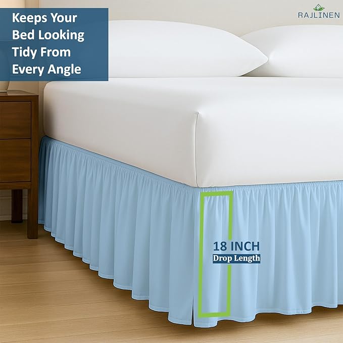Rajlinen Ruffled Bed Skirt Full XL, 18 Inch Drop Dust Ruffle with Split Corners, 100% Microfiber Bedskirt with Platform, Three-Sided Coverage Ruffled Gathering Design, Light Blue
