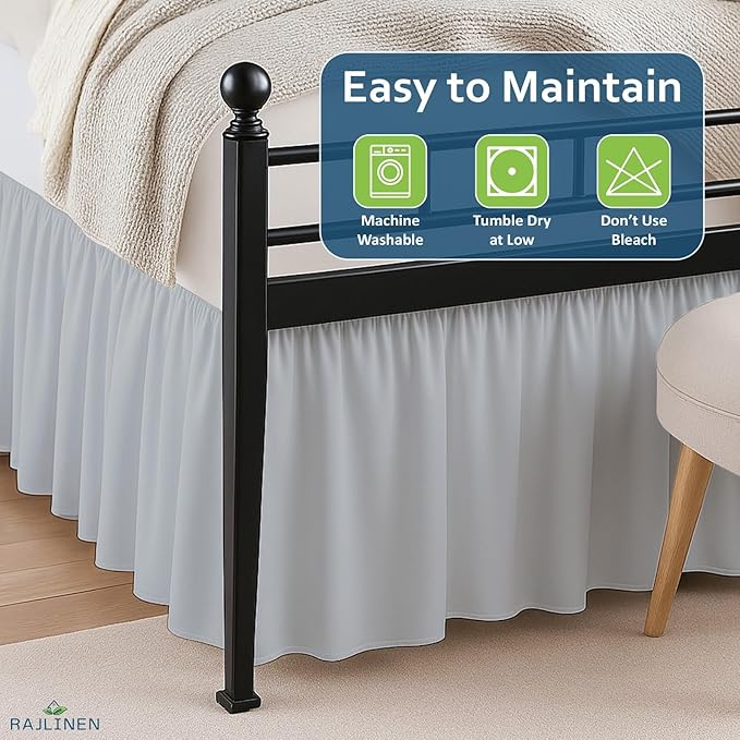 Rajlinen Ruffled Bed Skirt King, 12 Inch Drop Dust Ruffle with Split Corners, 100% Microfiber Bedskirt with Platform, Three-Sided Coverage Ruffled Gathering Design, Light Grey