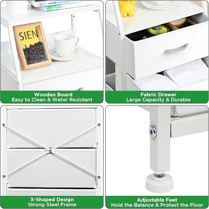 Ollieroo White Dresser for Bedroom, Storage Organizer with 5 Drawers, Vertical Fabric Storage Tower, Nightstand Bedside Table, Sturdy Steel Frame & Wooden Top