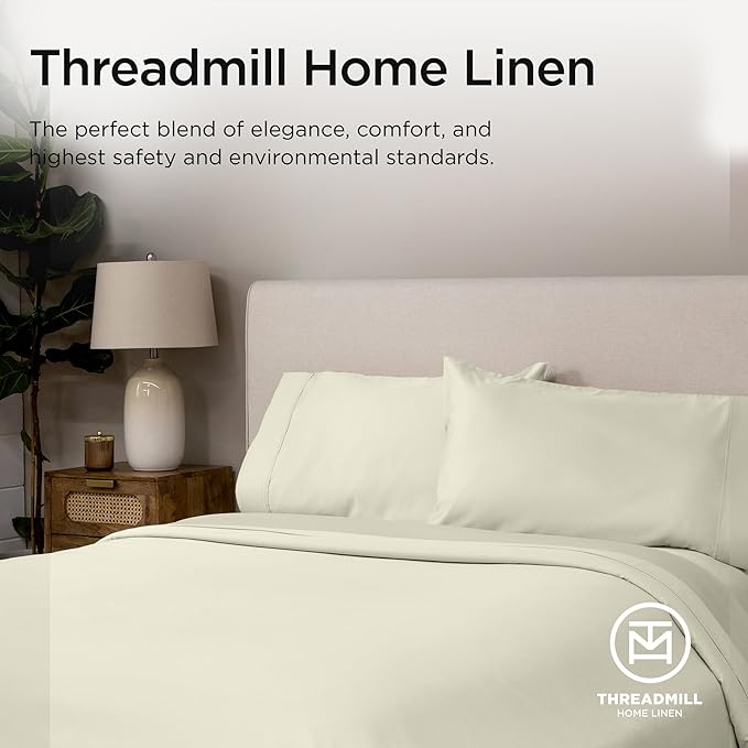 Threadmill 100% Supima Cotton Sheets, Premium 1200 Thread Count Cotton Sheets for King Size Bed, 4 Pc Ivory King Bed Sheets Set, 5-Star Hotel Quality with Elasticized Deep Pocket King Sheet