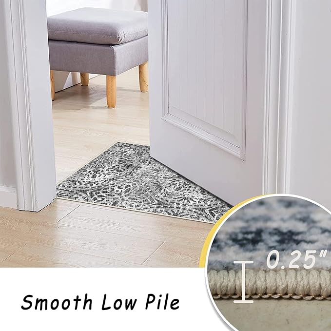 vivorug 9x12 Area Rugs for Living Room, Non Slip Machine Washable Vintage Grey Rug, Ultra-Thin Lightweight Large Area Rug for Bedroom, Dining Room, Low Pile Rug