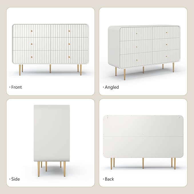 HLR Fluted 6 Drawers Dresser, 48'' Wide Modern Chest of Drawers with Gold Metal Handles,Dresser TV Stand for 2 Piece, Wood Dressers & Chest of Drawers for Bedroom, Living Room, Hallway (White)