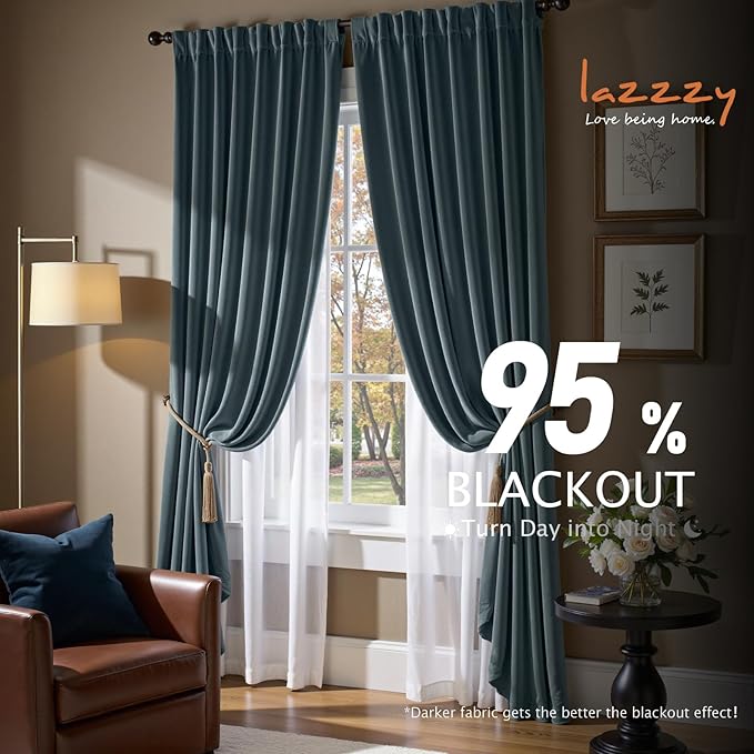 Lazzzy Velvet Blue Curtains 90 Inches Long Blackout Thermal Insulated Room Darkening Lined Curtain Drapes Luxury Back Tab Window Treatments for Bedroom Living Room 2 Panels, 52 x 90 Inch, Aegean Blue