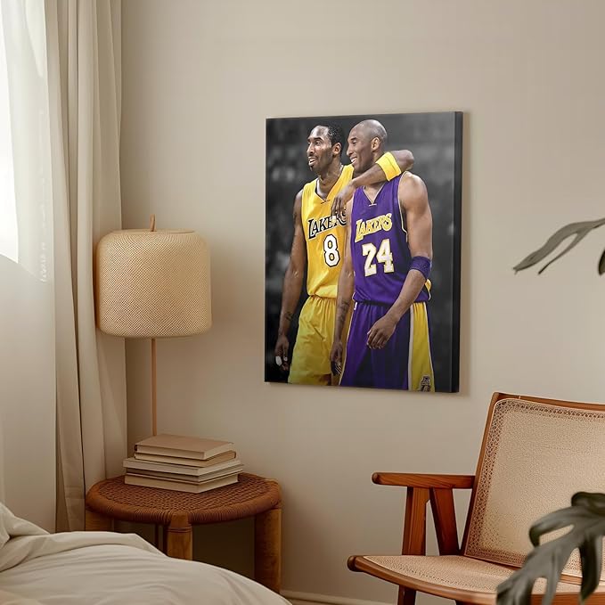 Kobe Bryant Canvas Wall Art Print Poster, Iconic Basketball Player Dual-Era Tribute Artwork, No. 8 and No. 24 Jersey Mamba Mentality Wall Decor for Home Gym Dorm Office Living Room, Framed 16x20inch