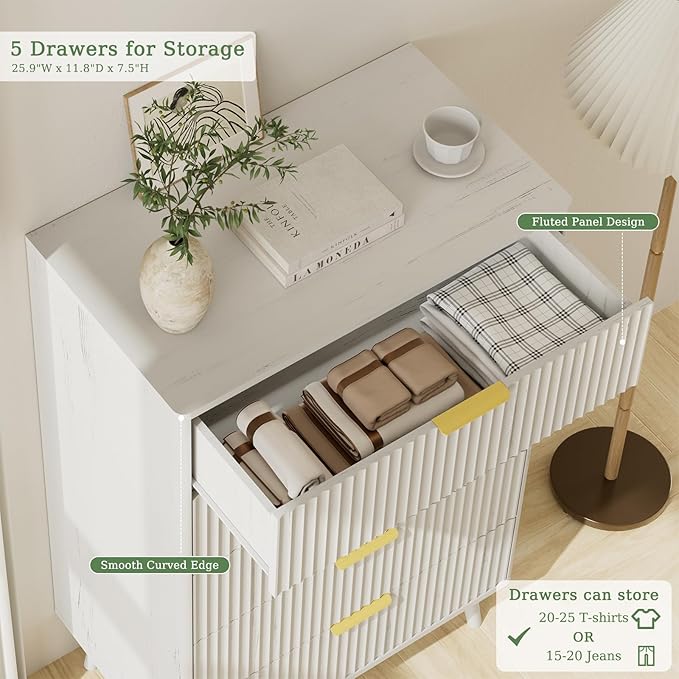LYNSOM Fluted 5 Drawers Dresser, 45" Tall Modern Chest of Drawers with Curved Profile Design and Metal Handle, Wood Drawer Organizer for Bedroom, Living Room, Hallway, Entryway, White