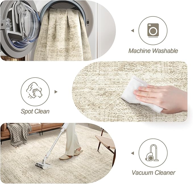 6x6 Beige Round Rug 6ft Living Room Circle Rug Vintage Round Area Rug Non Slip Indoor Carpet for Dining Room Bedroom