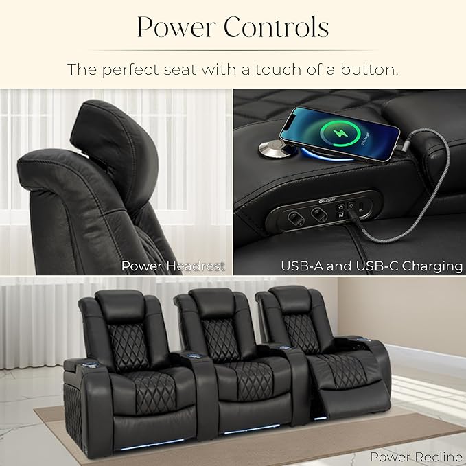 Seatcraft Diamante Zero-Gravity CoolZero Italian Leather Home Theater Seating, Power Headrest, Power Recline, Row of 5 Middle Sofa, Black