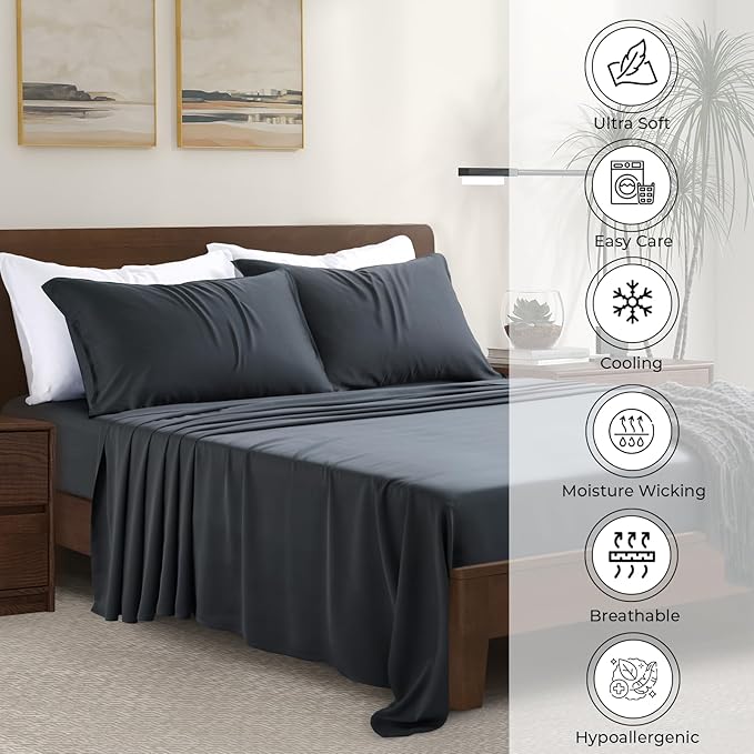Split King Size Sheet Set | 2 Fitted Sheets for Sleep Number & Adjustable Beds | Organically Grown | Ultra Soft & Cooling |100% Viscose | 17" Deep Pocket [Charcoal Grey]