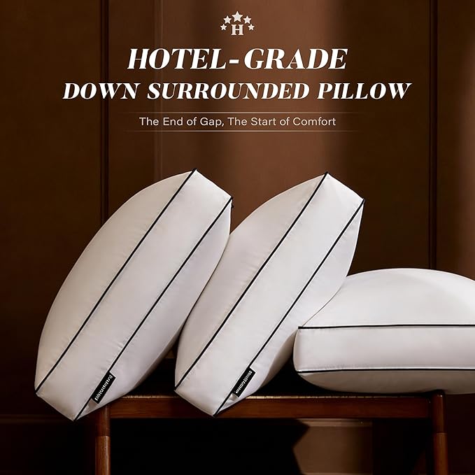Firm Goose Feather Down Pillow King Size Set of 2, Down Surrounded Hotel Collection Bed Pillows for Sleeping with 3 Inch Gusset, 2 Pack, Fluffy Plush for Side Sleepers 20x36 in.