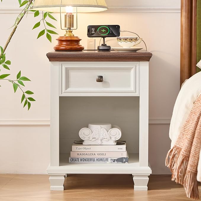 SAVOR LIFE Farmhouse End Tables Living Room Set of 2, Rustic Wood Nightstand with 1 Drawer, Bedside Table with Open Shelf for Bed Room, Side Table for Living Room, White
