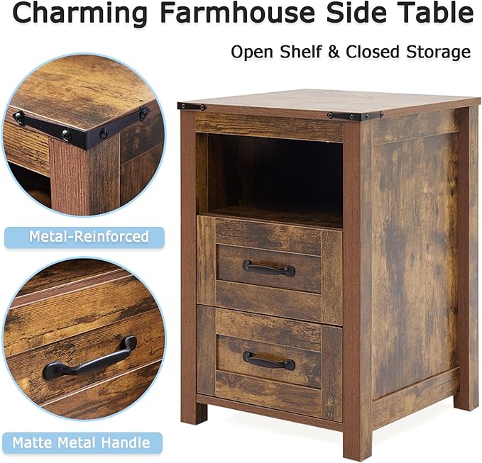 Brown Rustic Night Stand, Farmhouse End Table, Modern Bedside Table with 2 Storage Drawers and Open Shelf, Tall Nightstand for Bedroom
