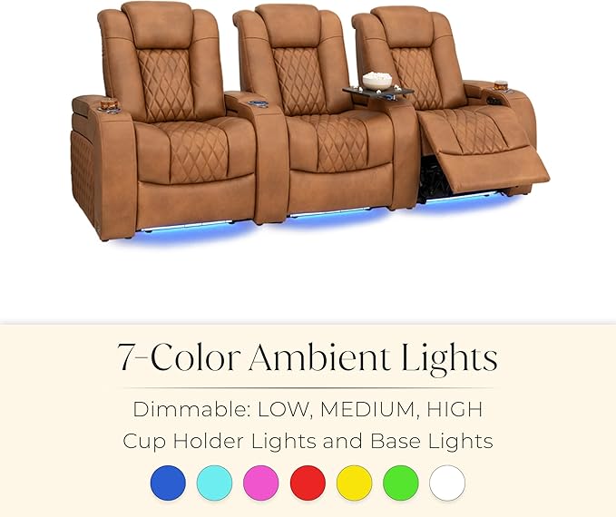 Seatcraft Diamante Zero-Gravity CoolZero Italian Leather Home Theater Seating, Power Headrest, Power Recline, Row of 3 Right Loveseat, Tawny