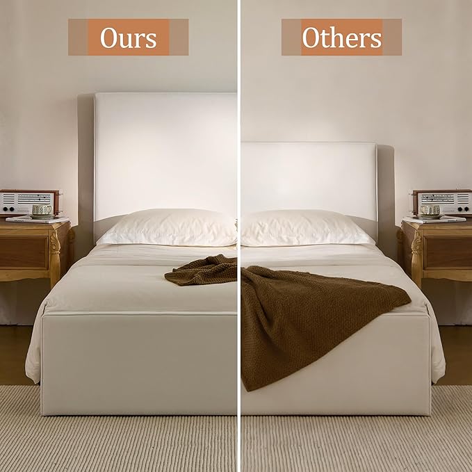 Queen Size Upholstered Bed Frame, 52" High Headboard Wingback Bedframe, Lucas Tall Headboard Floor Platform Beds, No Box Spring Needed No Noise/Minimalist/Coconut Micro Suede, White