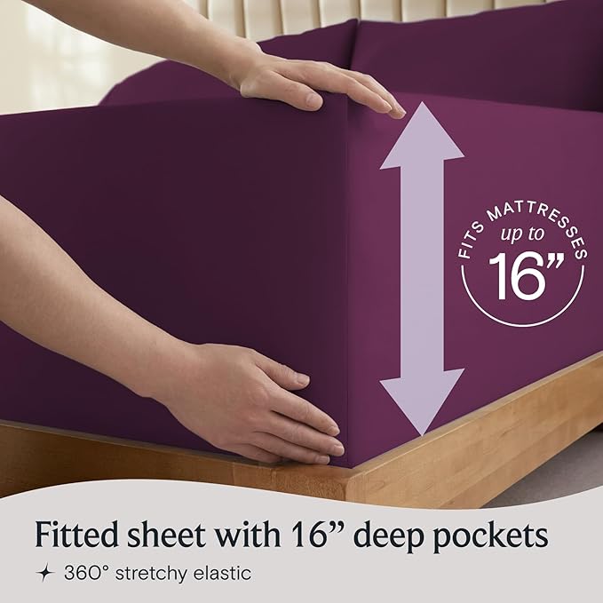 LuxClub 5 PC Split King Sheet Set, Deep Pockets Wrinkle Free Cooling Bed Sheets Hotel Bedding for Women, Men, Includes 2 Fitted Sheet, 1 Flat Sheet and 2 PillowcasesSoft Eggplant