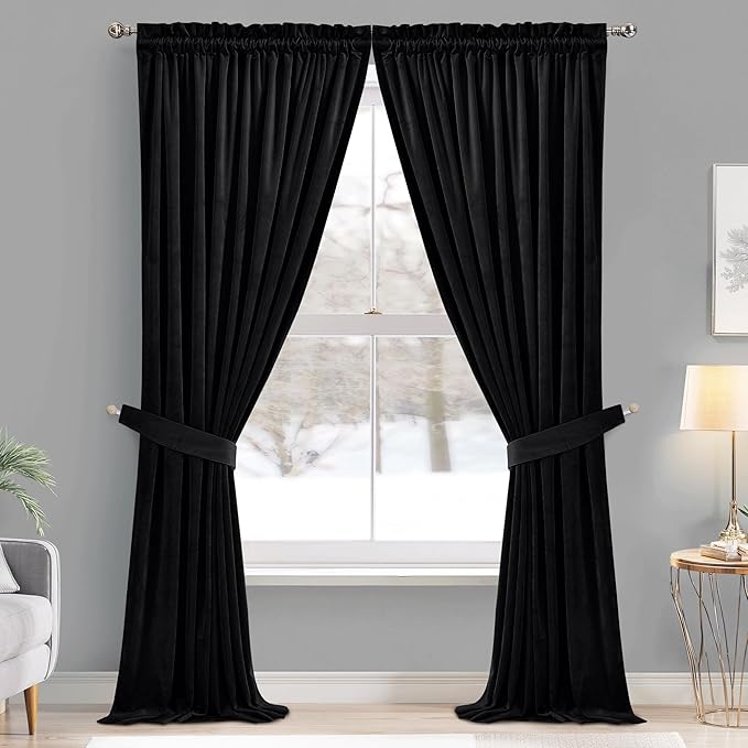 StangH Black Velvet Curtains 96 inches Long - Blackout Thermal Insulated Drapes Energy Smart Repel Summer Hot & Winter Cold Privacy Panels for Home Theater, Black, 52 x 96 inches, 2 Pcs