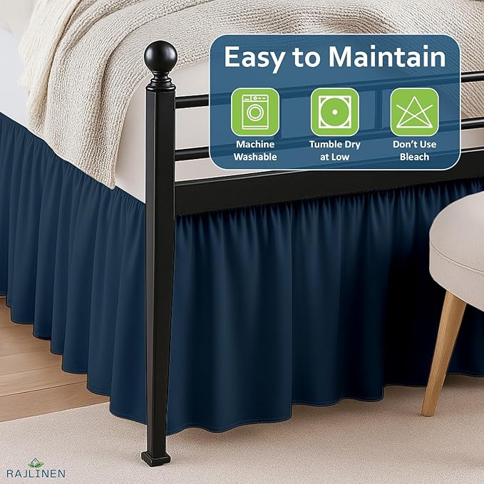 Rajlinen Ruffled Bed Skirt Twin XL, 16 Inch Drop Dust Ruffle with Split Corners, 100% Microfiber Bedskirt with Platform, Three-Sided Coverage Ruffled Gathering Design, Navy Blue
