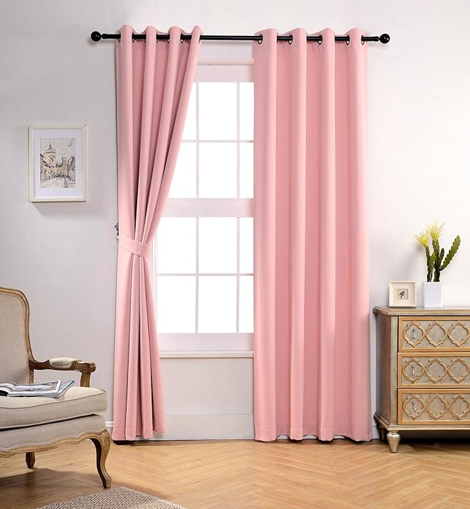 MIUCO Room Darkening Soild Grommet Blackout Curtains for Kids Bedroom Window Curtains Set of 2 52x84 Inch Pink, Bonus 2 Tie Backs Included
