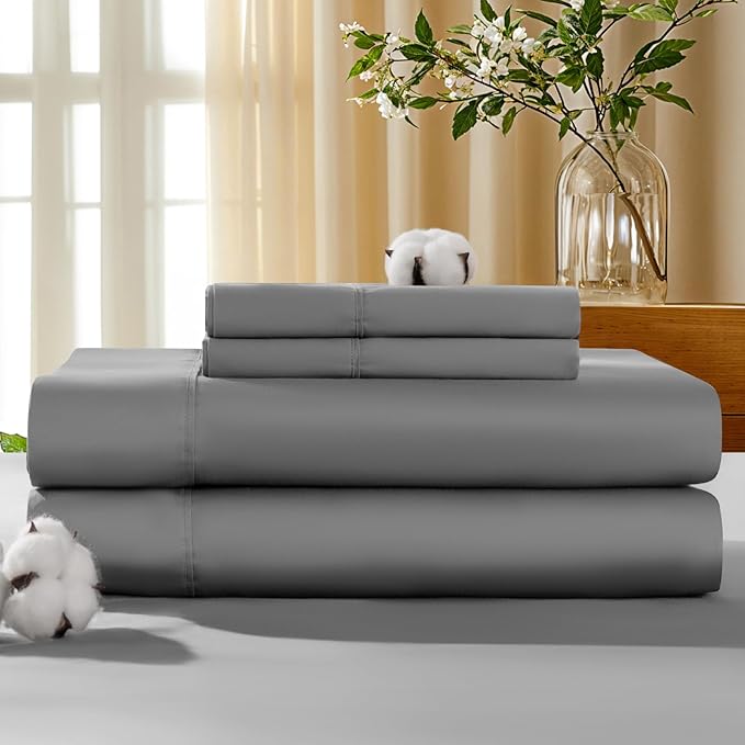 LBRO2M 100% Cotton Sheets Set Deep Pocket 19", 1000 Thread Count California King Size 4 Piece Bed Sheet Sets Soft Comfortable Bedding All Season (California King, Gray)