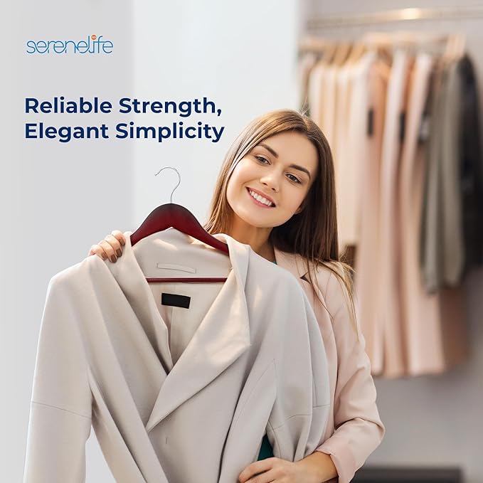 SereneLife 20-Pack Wooden Coat Hangers – Durable Suit Hangers with 360° Swivel Hook & Notches – Slim Design for Shirts, Jackets, Dresses, and More