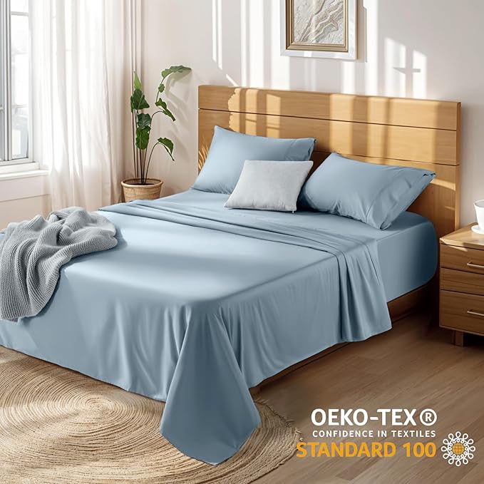 LBRO2M 100% Cotton Sheets Set Deep Pocket 19", 1000 Thread Count California King Size 4 Piece Bed Sheet Sets Soft Comfortable Bedding All Season (California King, French Blue)