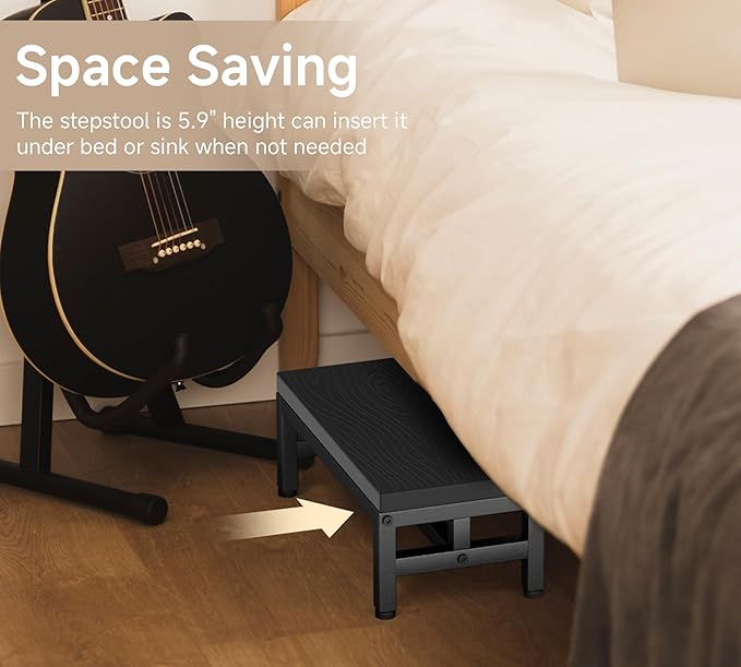 Y&M One Step Stool for Adults Kids, Adjustable Non-Slip Foot Stool with Sturdy Metal Frame, Bed Step for High Beds, Portable Step for Kitchen, Bathroom, Bedroom, Living Room – Black