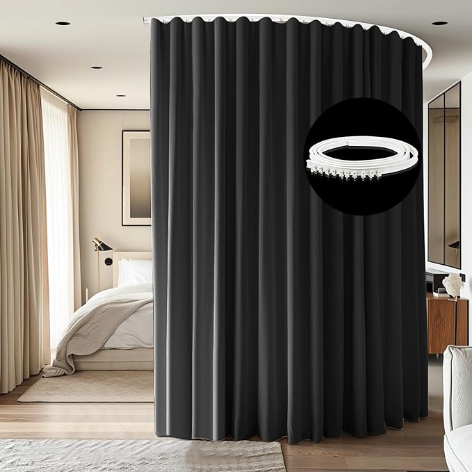 Room Divider Ceiling Mounted Curtains Track Sets Extra Wide Blackout Curtain Flexible Tracks for Bedroom Privacy Partition Separator, 1 Panel Black Drape and White Rail, W8.3 x H10ft
