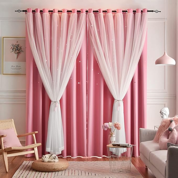 Star Curtains Double Layer Curtains Blackout Curtains for Bedroom Kids Cute 96 Inches Long 2 Panels Set, Pink, 42 X 96 Inches