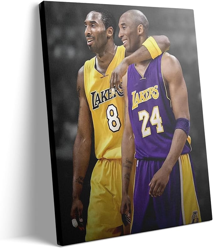 Kobe Bryant Canvas Wall Art Print Poster, Iconic Basketball Player Dual-Era Tribute Artwork, No. 8 and No. 24 Jersey Mamba Mentality Wall Decor for Home Gym Dorm Office Living Room, Framed 11x14inch